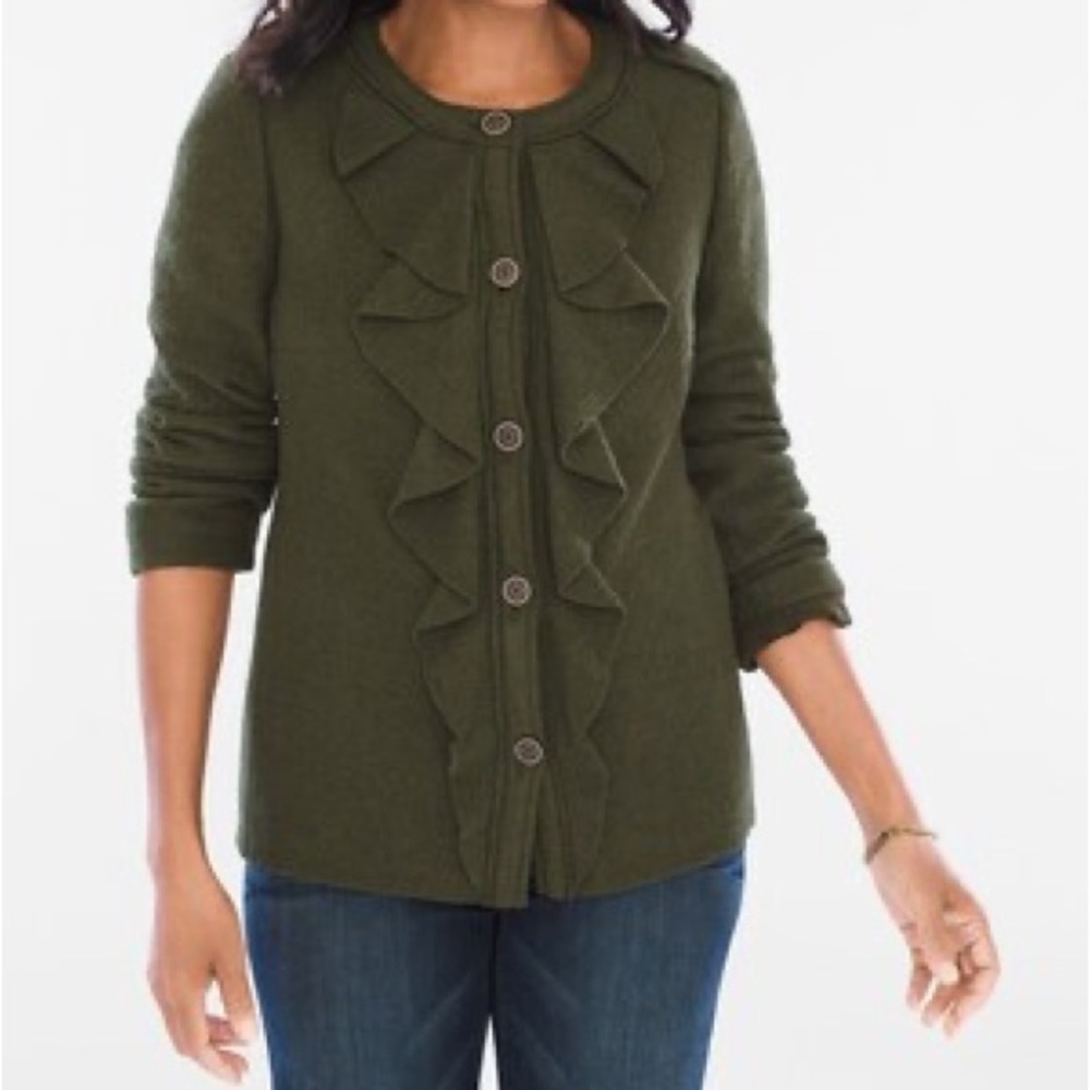 NEW Chico's Boiled Wool Ruffle Jacket-Size 1 or Medium/8-Color: Ambered Olive